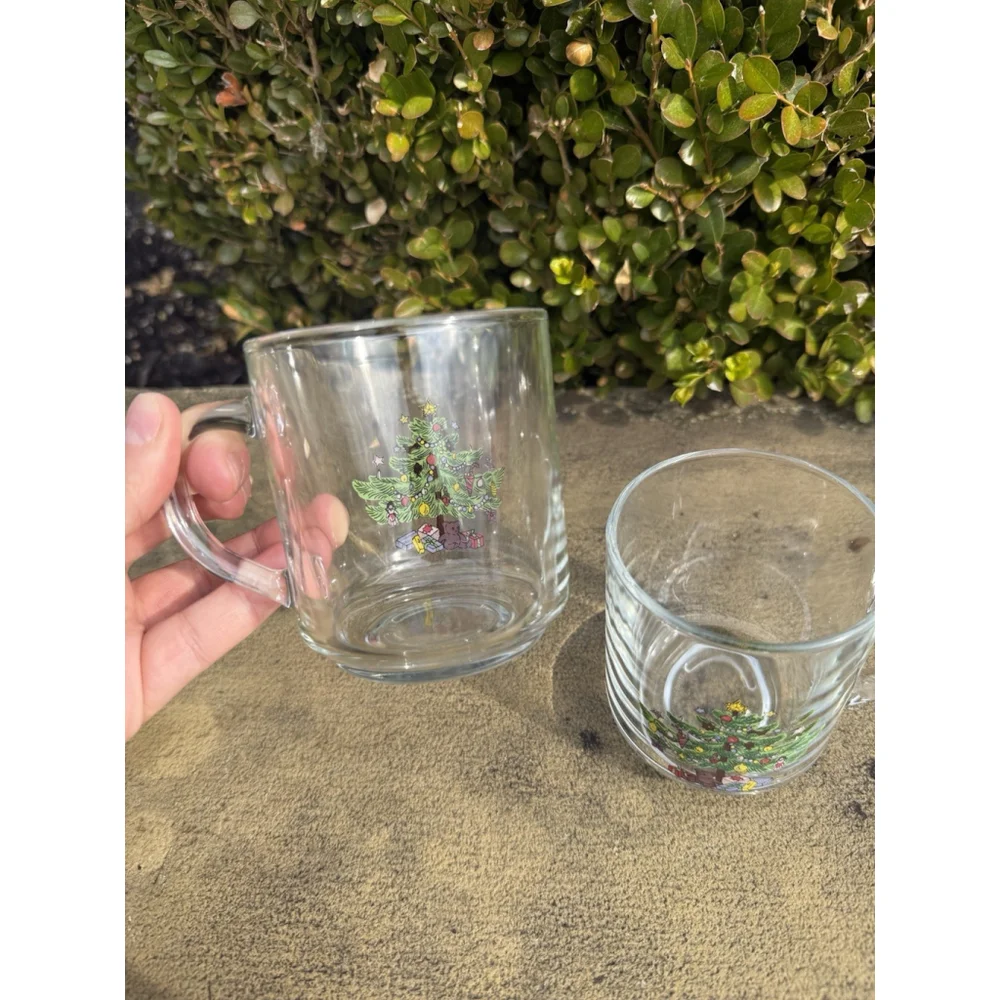 2 Christmas Tree Clear Glass Mugs Coffee Tea Cups Action Luminarc Vintage 1980s